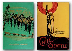 Two book covers. One is green with cover art depicting a dog sled team at the foot of tall mountain peaks. The other is a yellow and red cover with a man wrapped in a blanket holding his hand above his head with a red circle above and behind him. 